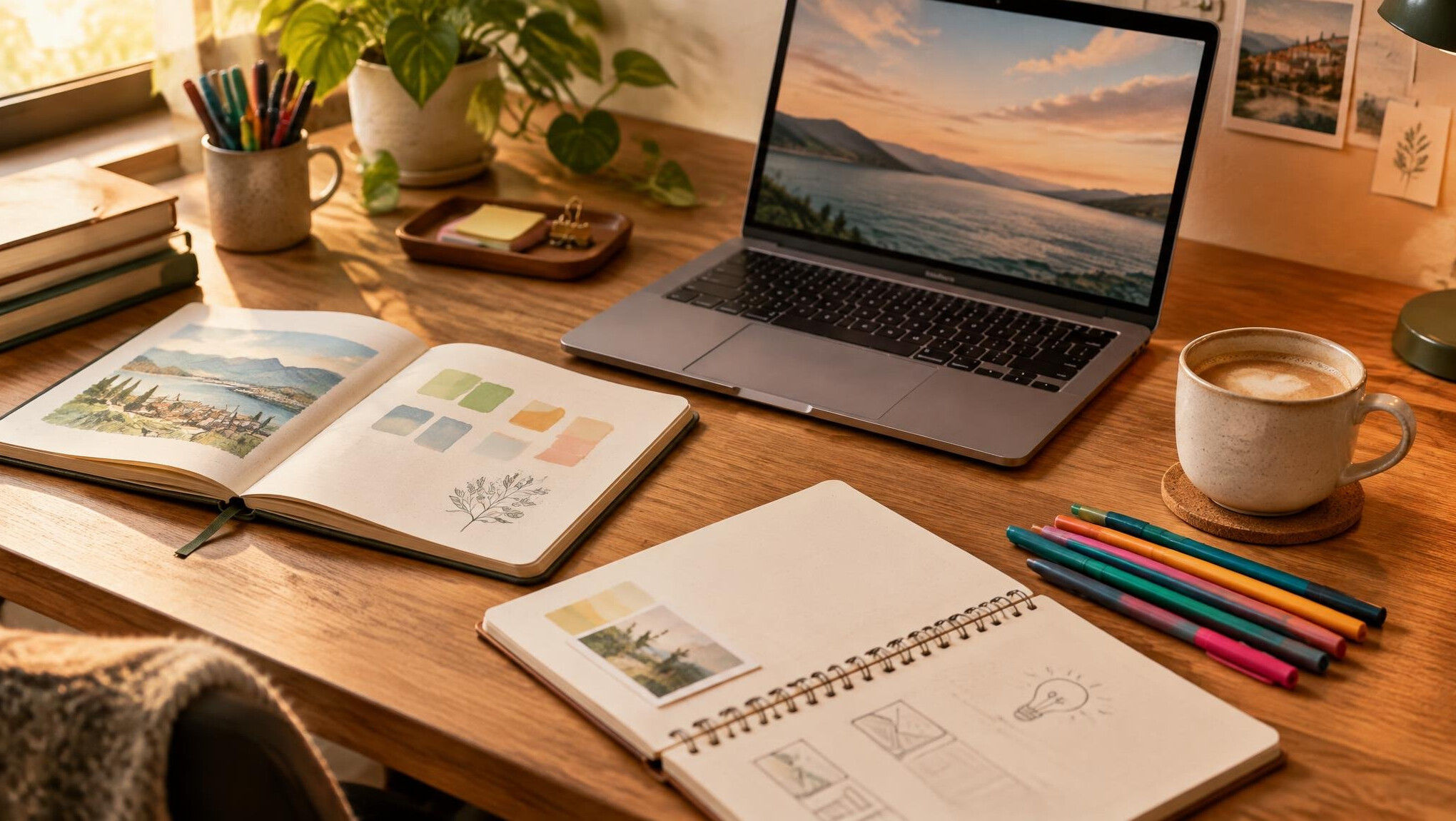 Desk with notebooks and laptop in a creative workspace