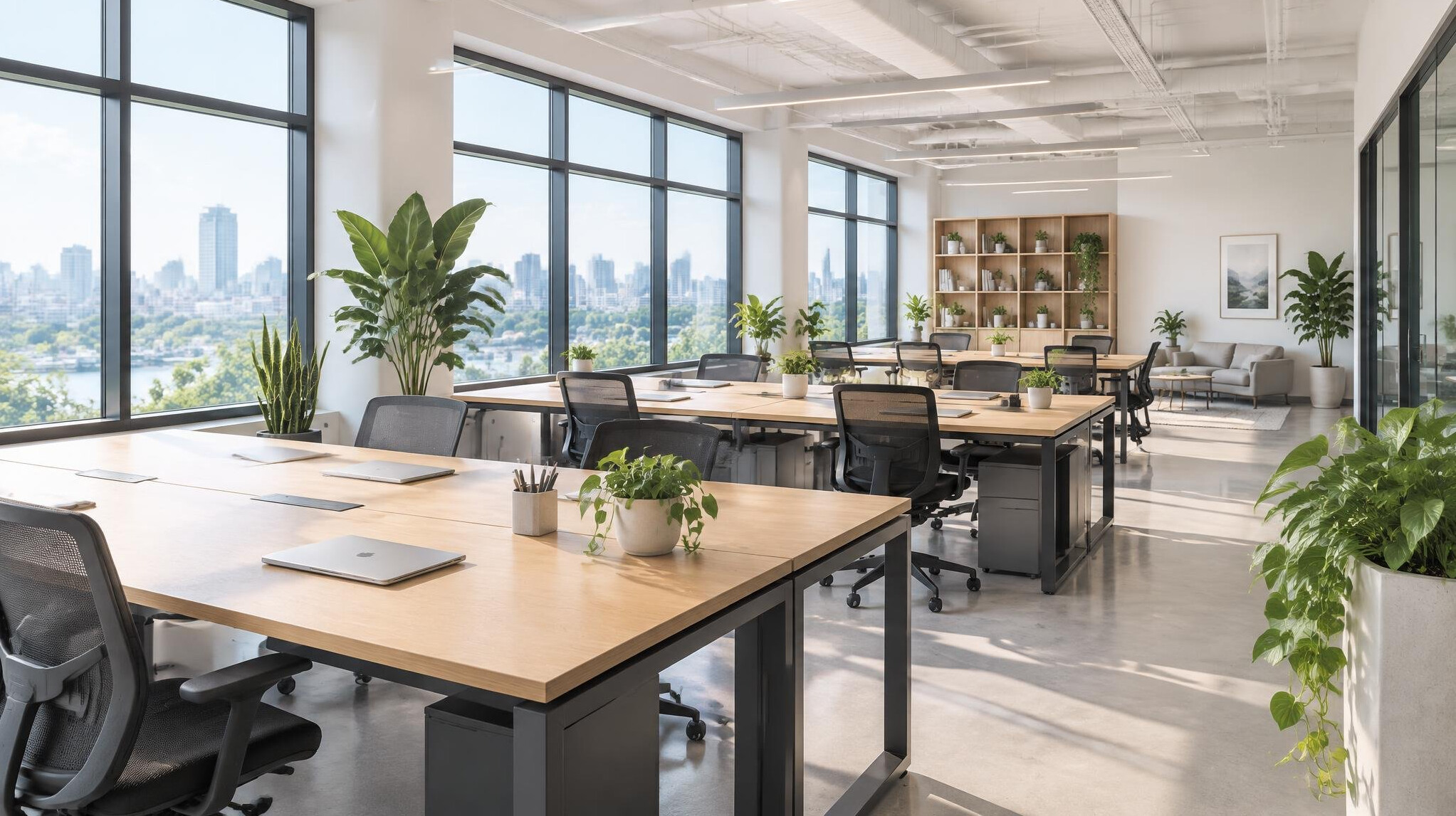 Bright open-plan office with desks and windows