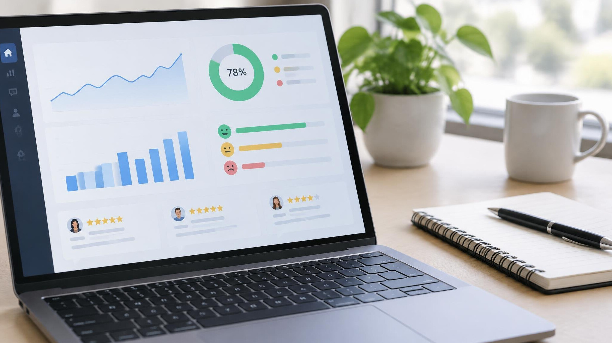 Laptop showing analytics charts on a desk