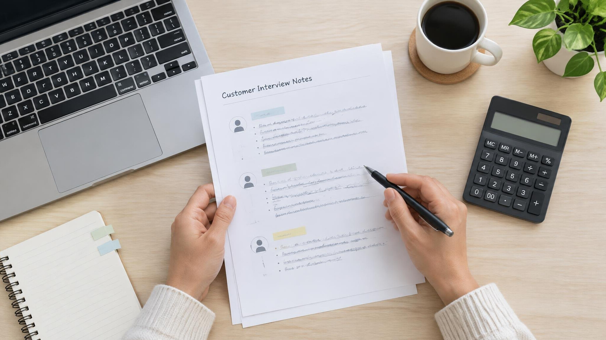 Hands reviewing printed documents and a laptop