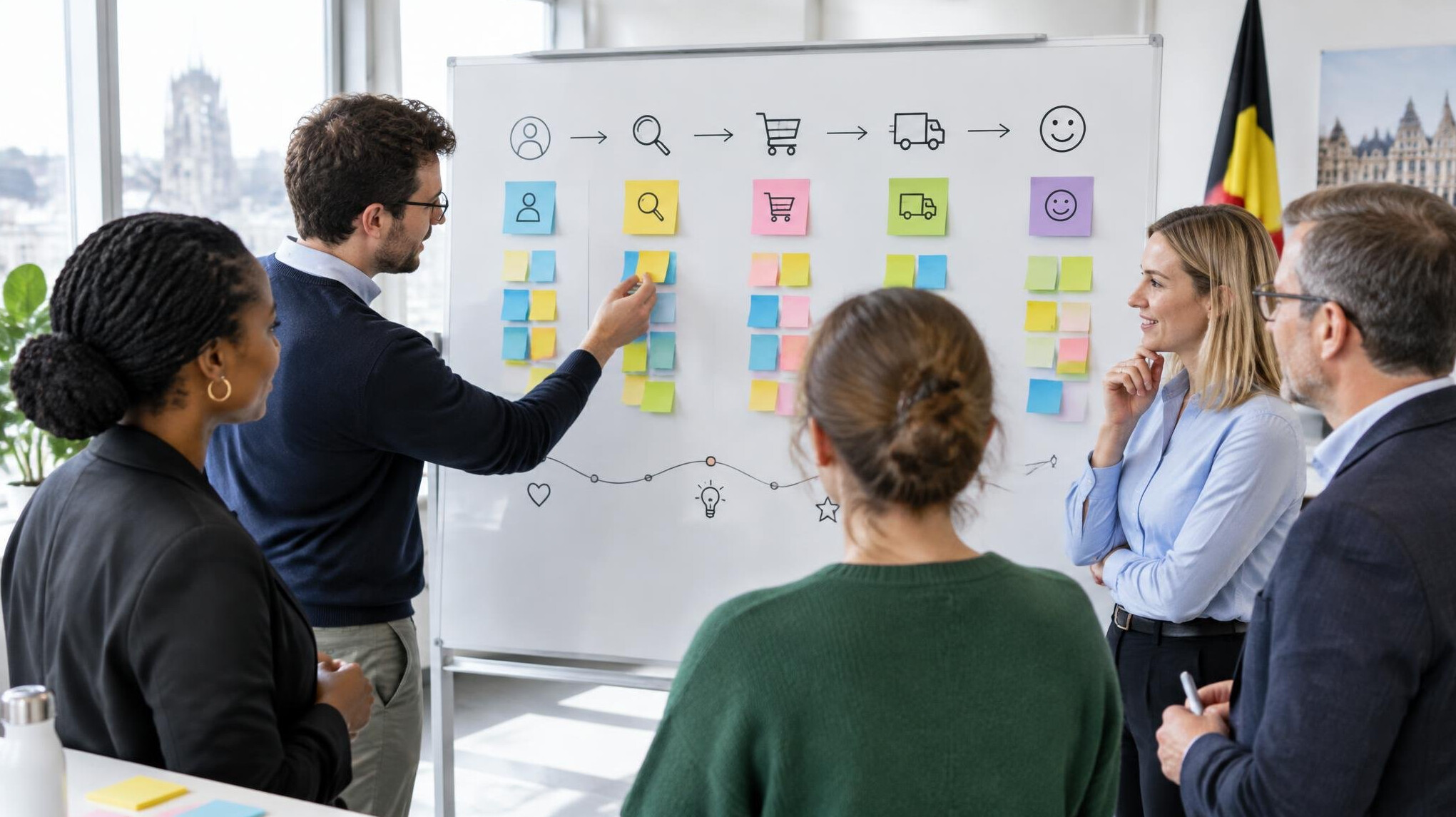 Team workshop with sticky notes on a whiteboard